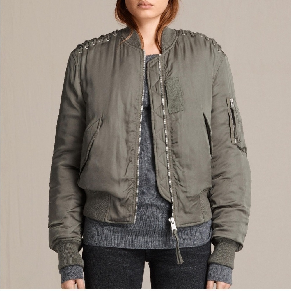 All Saints Sage Khaki Green Bree Laced Bomber Jacket